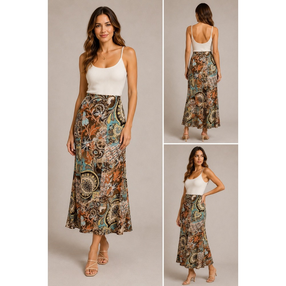 RQT Bohemian Paisley Maxi Skirt Brown Orange Teal Multicolor‎ Boho Chic Size L